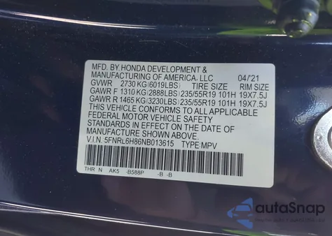 2022 Honda Odyssey Touring из США, поврежденный, VIN 5FNRL6H86NB013615